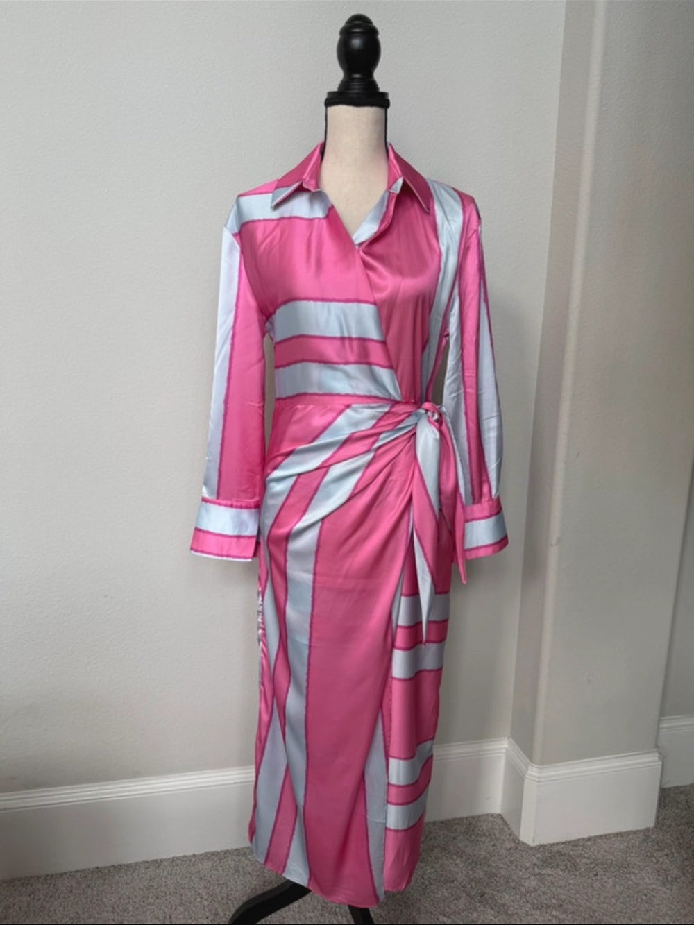 entro Pink and Light Blue Striped Wrap Midi Dress with Side Knot